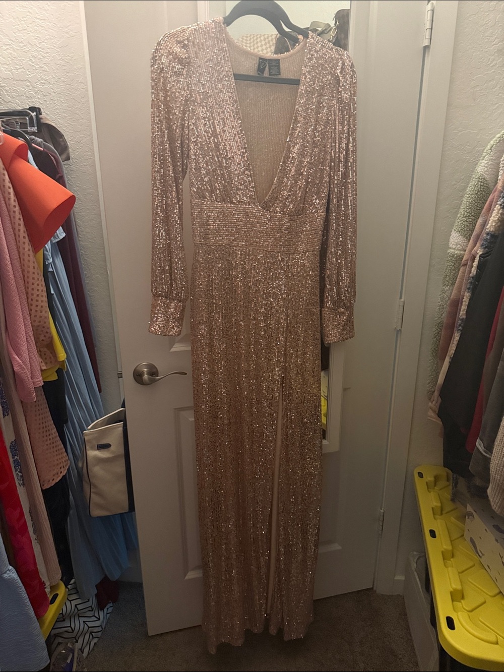 Windsor Rose Gold Sequin Long Sleeve V-Neck Gown